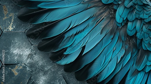 Blue and turquoise feathers on 3D wallpaper, grey marble, wood and shiny black hexagon tiles, white gold, black seams, Photography, richly textured,