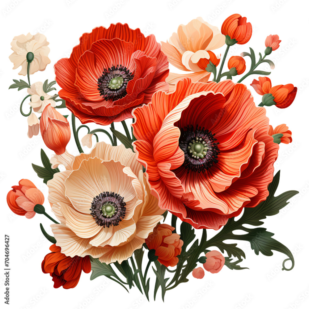 poppy picture, poppy sticker isolated, arrangement flowers, poppy clipart, Bouquet, flowers arrangement PNG, transparent background cutout