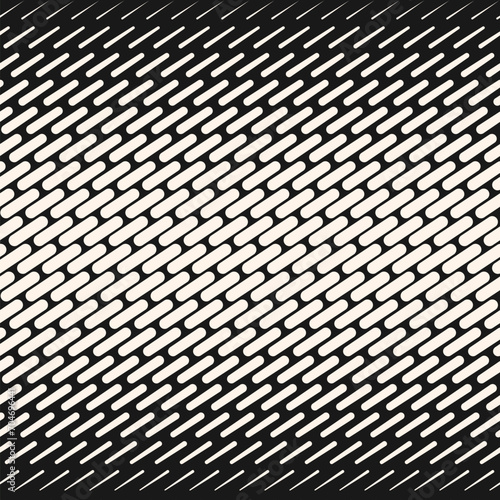 Black and white vector abstract geometric halftone seamless pattern with diagonal dash lines, fade stripes. Monochrome sport style background, urban art. Stylish minimal texture. Repeat sporty design