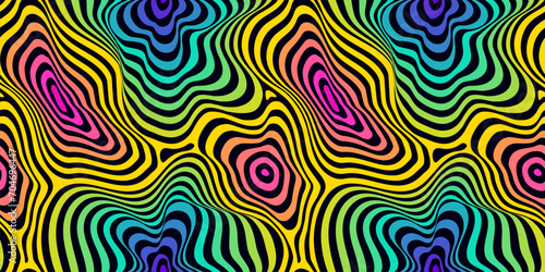 Colorful fluid wavy lines seamless pattern. Vector abstract background, dynamical ripple surface, 3D effect, liquid line. Funky bright neon rainbow gradient. Trendy retro 80-90's fashion style design photo