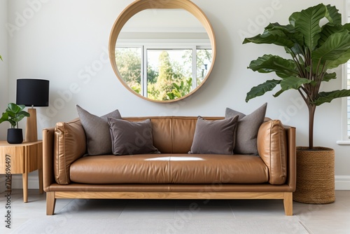 brown leather sofa in a living room with a round mirror and a plant photo