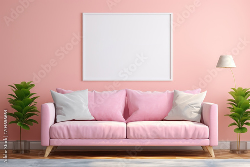 Poster mockup in modern minimalist living room interior with pink decor