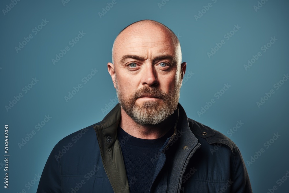 Portrait of a bald man with a beard and mustache in a jacket on a blue background Portrait of a bald man with a beard and mustache in a jacket on a blue background