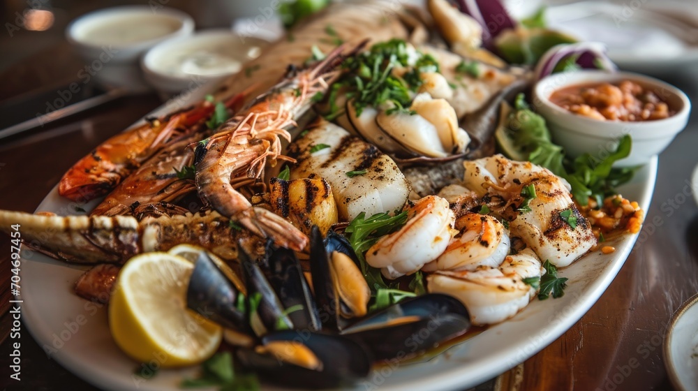  a white plate topped with lots of seafood next to a bowl of sauce and a bowl of dipping sauce on the side.