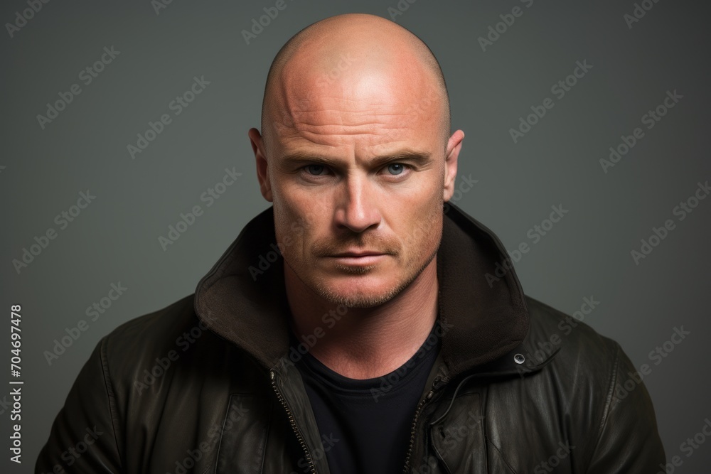 Portrait of a bald man in a black leather jacket on a dark background