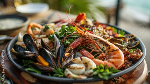  a close up of a plate of food with shrimp, mussels, and other foods on a table.