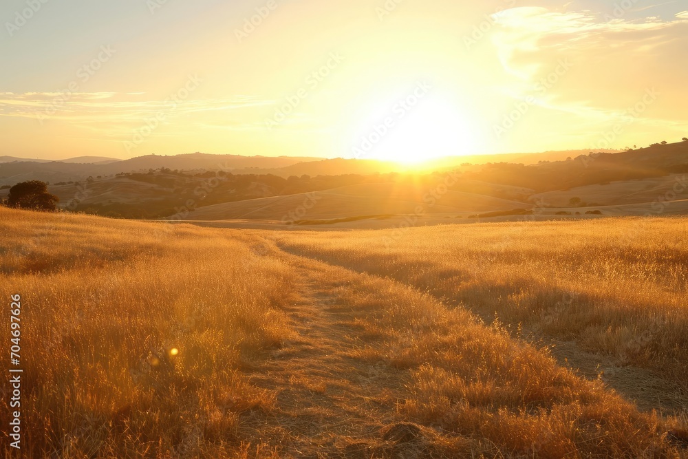 Golden hour sunlight casting shadows on a peaceful landscape Golden hour sunlight casting shadows on a peaceful landscape