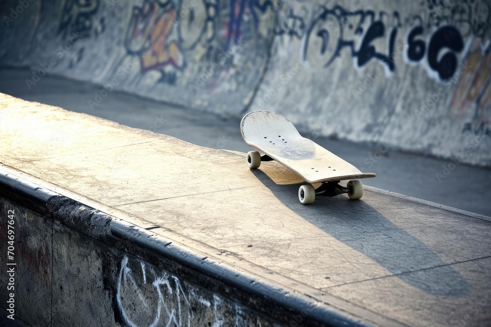 Obraz premium Lone skateboard on a concrete ramp Urban sports theme