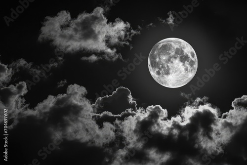 Full moon peeking through wispy night clouds