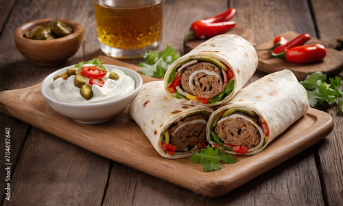 Turkish and Arabic Traditional Ramadan Adana Kebab Roll Wrap serving with yogurt