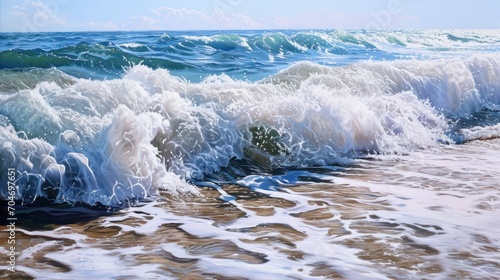 a painting of a wave crashing on the shore of a beach with a blue sky and clouds in the background.