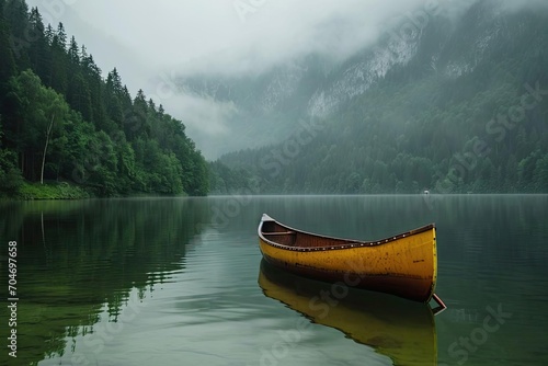 Lonely canoe floating on a calm mountain lake