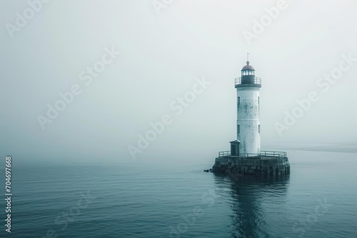 Lonely lighthouse beacon in a misty seascape