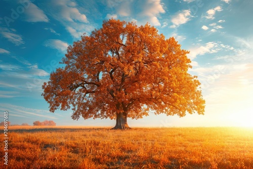 Majestic oak tree in a golden autumn landscape