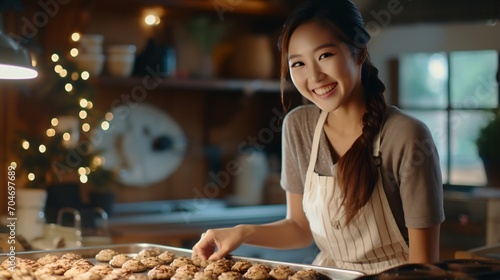 Portrait of a happy young Asian woman baking in the kitchen