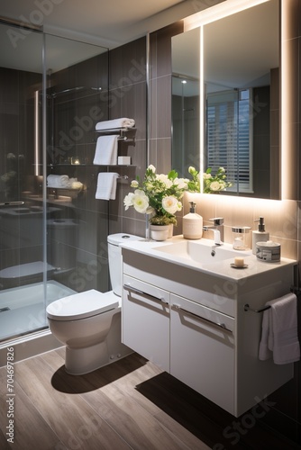 Modern bathroom interior with dark tiles and white vanity