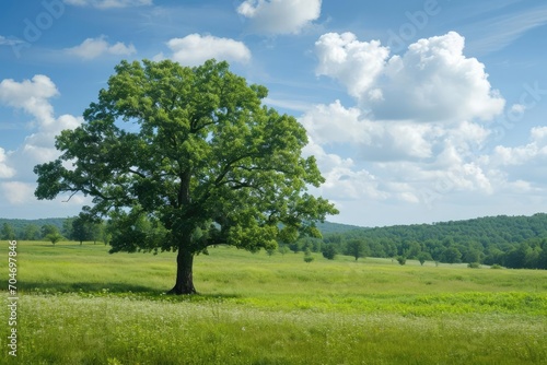 Single oak tree standing tall in a lush green meadow