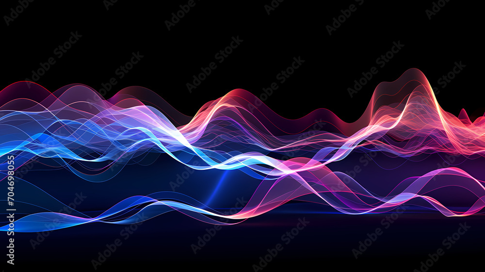 Abstract sound waves visualized as colorful pulsating ribbons on a black background - obrazy, fototapety, plakaty 