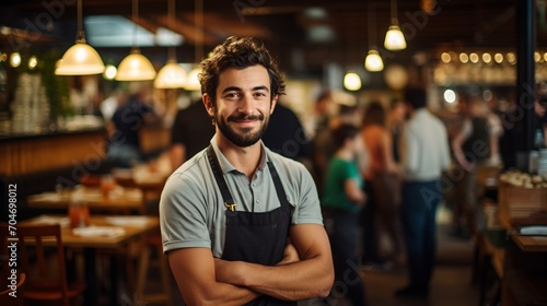 Portrait of a confident waiter in a busy restaurant