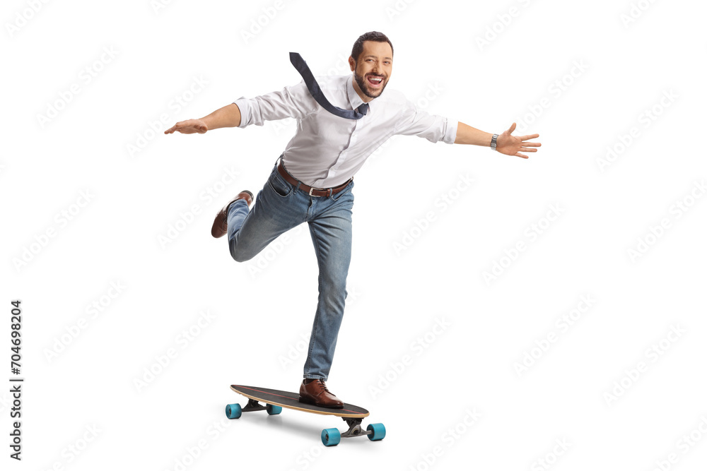 Man in a shirt and tie on a skateboard riding fast Man in a shirt and tie on a skateboard riding fast