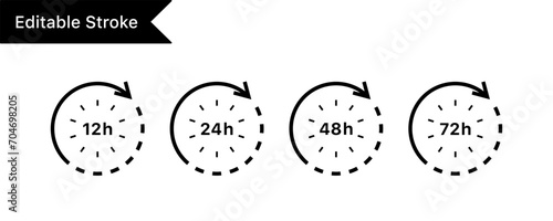 12 24 48 72 Hours clock arrow rotate time icon. Delivery order and service time support symbol sign. After 24 hours icon. Editable storke - Web icons set photo