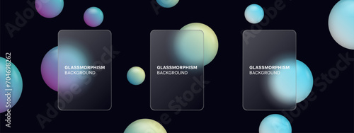 glassmorphism background banner with transparent glass frame template in modern style . Realistic Frosted glass morphism effect with blurred abstract gradient circle shapes. Vector illustration