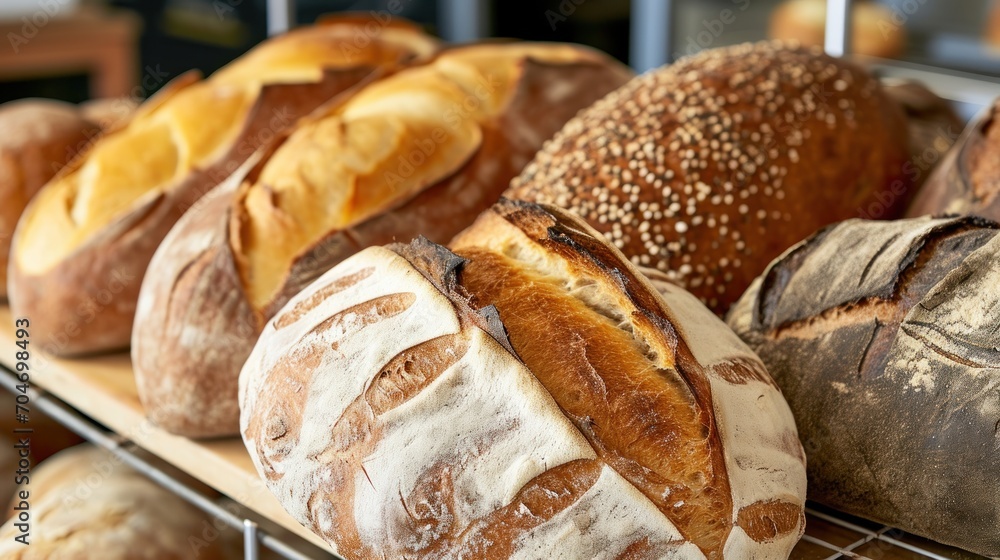  a bunch of different types of breads on a wire rack on a shelf in a bakery or bread shop.