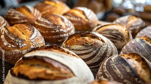  a bunch of loaves of bread sitting on top of a wire rack in a bakery shop, ready to be baked.