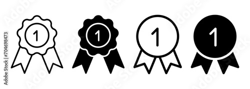 Medal award icon symbol. certified badge with ribbons icon. number one medal prize icon winner awards sign. premium quality icon - Web vector icons set