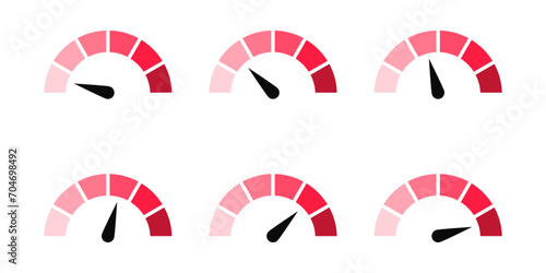 Speedometer icon, tachometer icon. Speed indicator icon set. Rating meter signs performance concept. Dashboard level scale icon. vector illustration