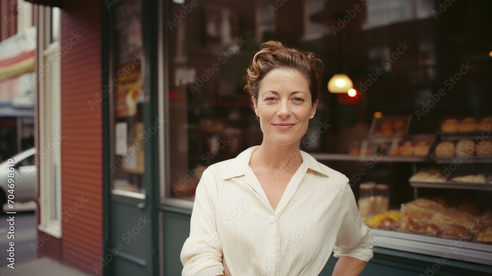 American middle age female standing in front of bakery American middle age female standing in front of bakery