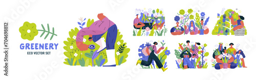 Greenery, ecology -modern flat vector concept illustration of people and plants. Metaphor of environmental sustainability and protection, closeness to nature, green life, ecosystem and biosphere