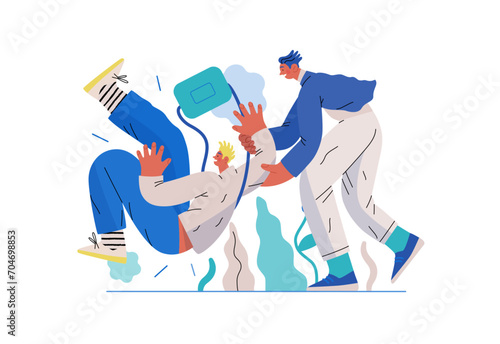 Mutual Support, Assisting Falling Person- modern flat vector concept illustration of man slipping, another supports him, preventing fall. Metaphor of voluntary, collaborative exchange of service