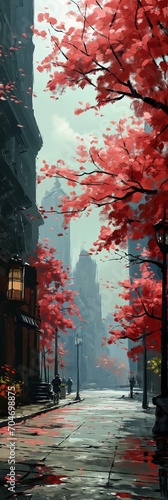 street red trees person walking down sidewalk dishonored forest setting skyscrapers color wind blowing leaves bright photo