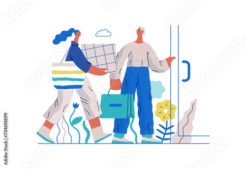 Mutual Support: Door Holding - modern flat vector concept illustration of woman carrying heavy box and man holding door for her. A metaphor of voluntary, collaborative exchanges of resource, services