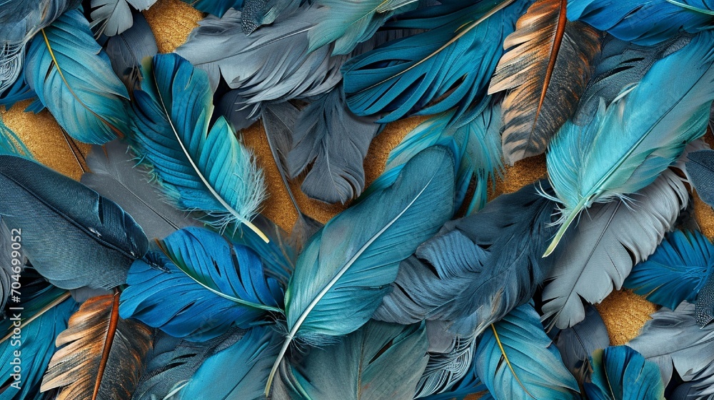 Feather and leaf design in blue, turquoise, gray, gold on a light 3D wallpaper, with oak, nut wood wicker texture, Photography, detailed wood texture, Feather and leaf design in blue, turquoise, gray, gold on a light 3D wallpaper, with oak, nut wood wicker texture, Photography, detailed wood texture,