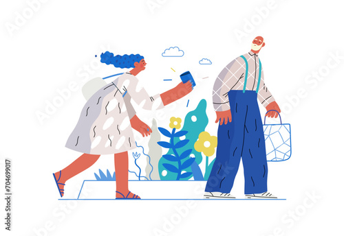 Mutual Support: Picking Up the Dropped Item -modern flat vector concept illustration of a woman who picked up a wallet lost by an elderly man Metaphor of voluntary, collaborative exchanges of services