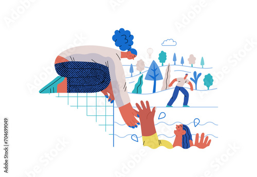 Mutual Support: Save a drowning person -modern flat vector concept illustration of woman reaching out to drowning woman A metaphor of voluntary, collaborative exchanges of resource, services