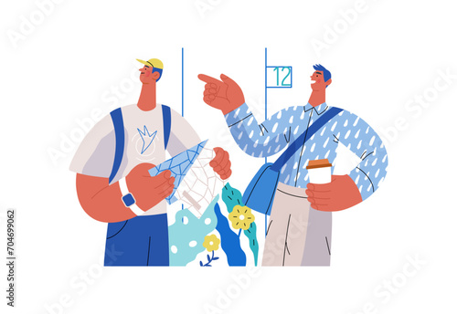 Mutual Support: Directing a passerby -modern flat vector concept illustration of man pointing the way to a tourist. A metaphor of voluntary, collaborative exchanges of resource, services