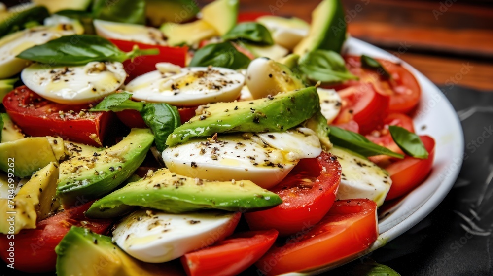  a close up of a plate of food with tomatoes, avocado, and other veggies on it.
