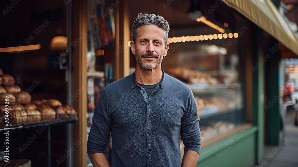 American middle age male standing in front of bakery American middle age male standing in front of bakery
