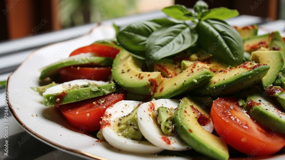 a close up of a plate of food with tomatoes, cucumbers, avocado and mozzarella. a close up of a plate of food with tomatoes, cucumbers, avocado and mozzarella.