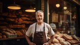American middle age male standing in front of bakery 