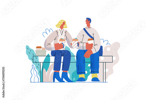 Mutual Support: Share food -modern flat vector concept illustration of woman offering half of her lunch to colleague in the park. A metaphor of voluntary, collaborative exchanges of resource, services