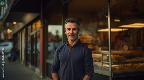 American middle age male standing in front of bakery 