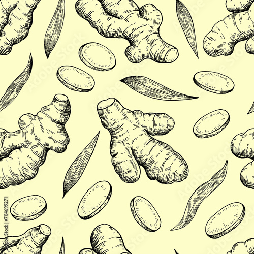Seamless pattern with ginger roots, slices and leaves in engraving style. Black and white ink illustration.