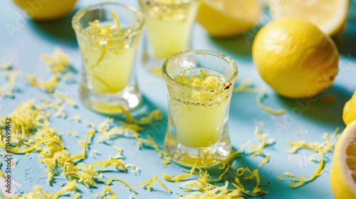  a table topped with glasses of lemonade next to lemons and lemon wedges on top of a blue table cloth.