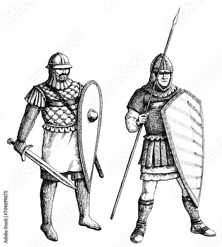 Byzantine warriors hand-drawn. Vector image.