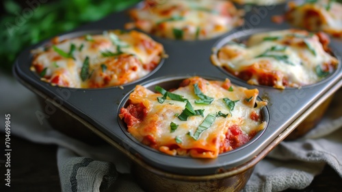  a muffin tin filled with mini pizzas covered in cheese and tomato sauce and topped with fresh parsley.