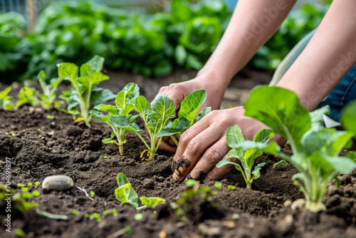 An image showcasing a gardener's skilled hands nurturing young vegetable plants, conveying the care and expertise in spring vegetable gardening.